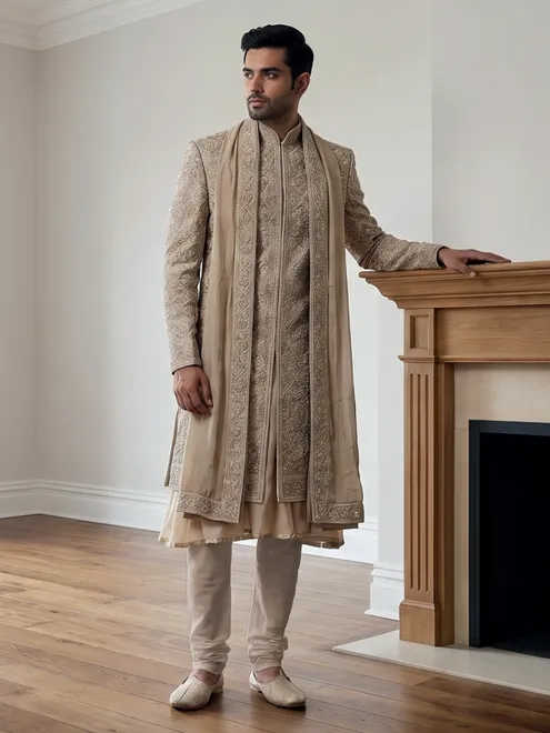 Beige silk sherwani with floral resham work and embroidered dupatta