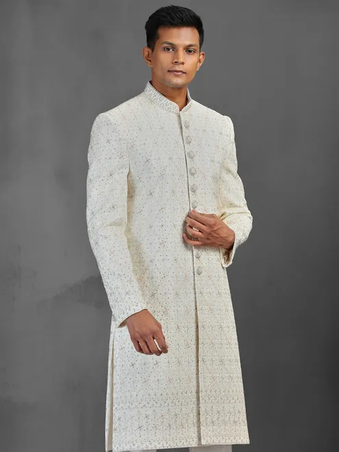 Beige silk sherwani with thread work