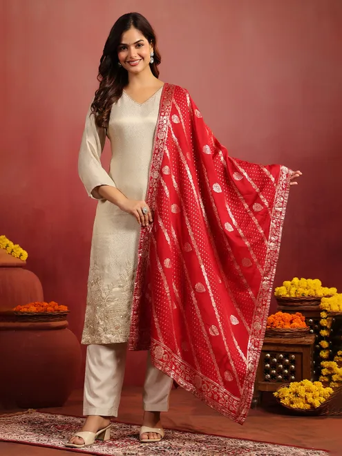 Beige silk straight cut kurti set