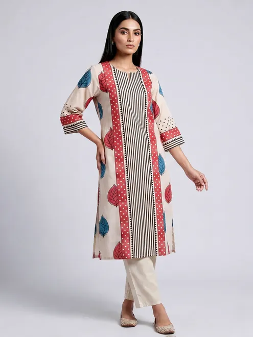 Beige silk straight cut kurti set with print