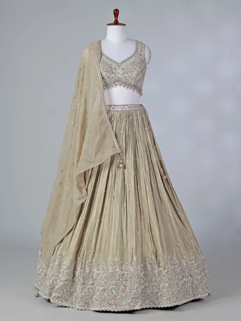 Beige silk sweetheart lehenga choli with sequins work