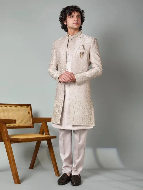 Beige satin silk thread and resham work indowestern set