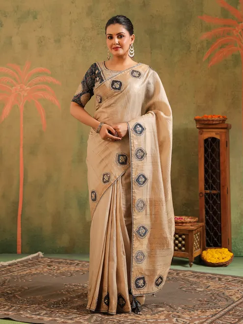Beige silk thread worked saree for festival