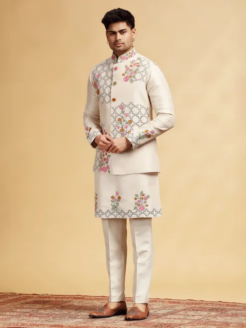 Beige silk thread worked waistcoat set for wedding