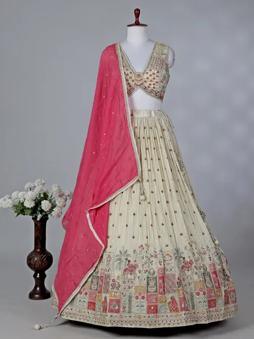 Beige silk V neck lehenga choli with contrast dupatta