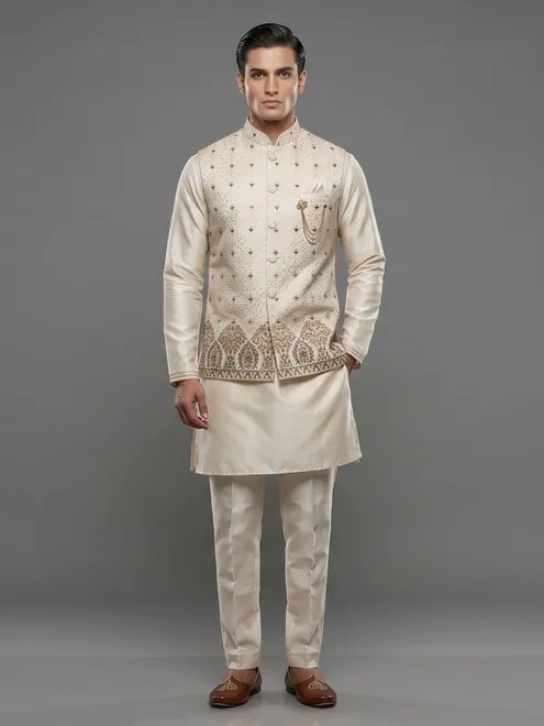 Beige silk waistcoat set with embroidered and sequins