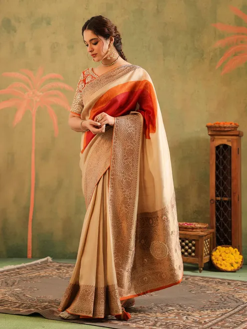 Beige silk wedding wear saree with gota work