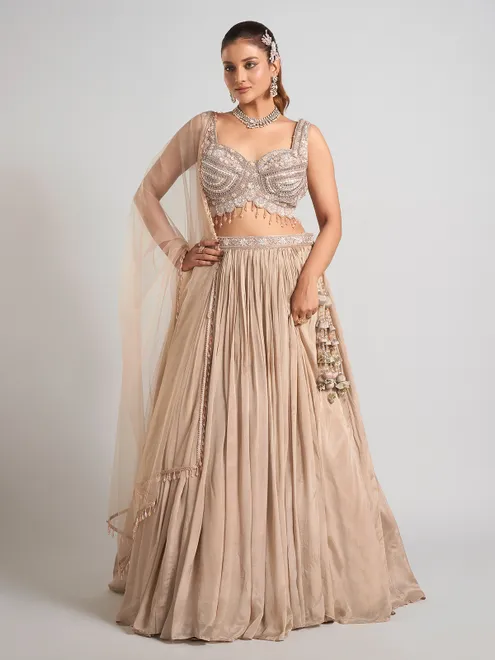 Beige silk zardosi wedding wear lehenga choli
