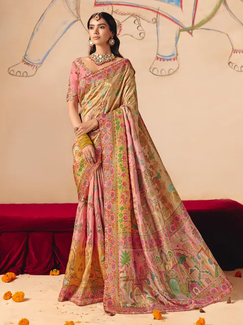 Beige soft pink shaded peacock motif banarasi silk delight