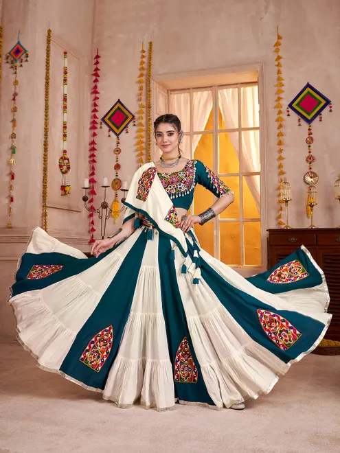 Beige teal blue enchanting navratri chaniya choli
