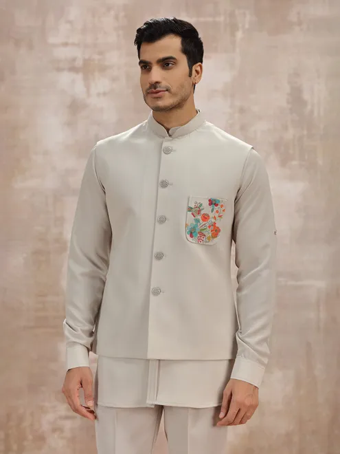Beige terry rayon mens waistcoat set