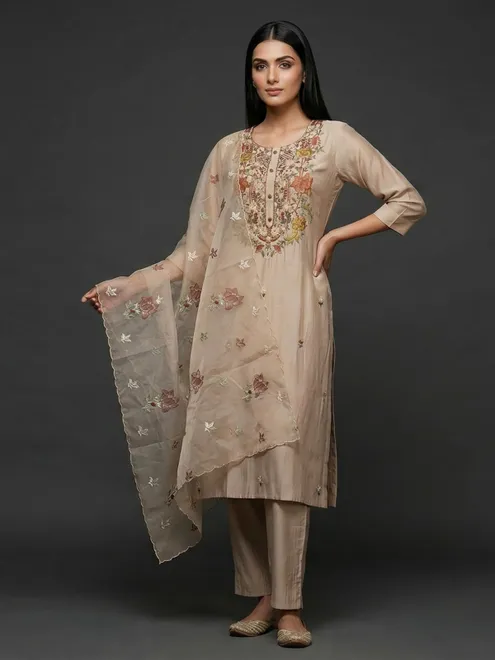 Beige thread worked silk kurti set