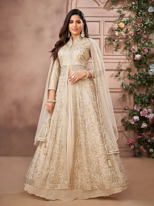 Beige tissue georgette lehenga suit