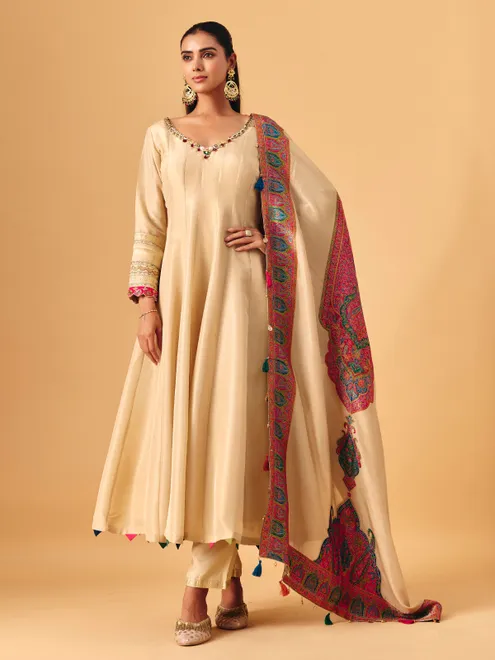 Beige tissue silk anarkali suit with dupatta