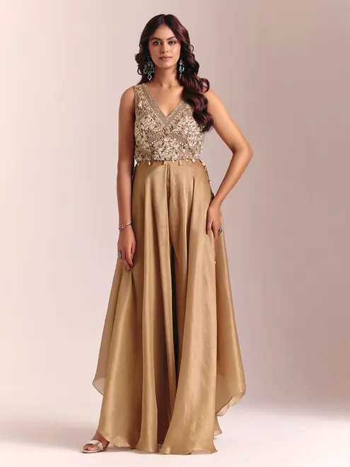 Beige tissue silk designer sleeveless festive suit