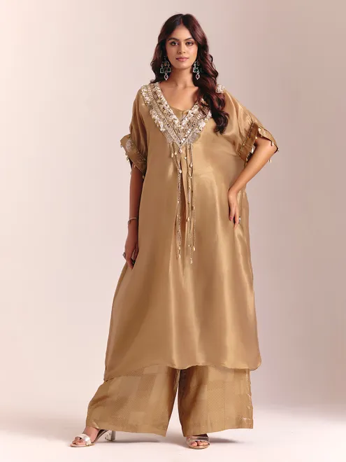 Beige tissue silk kaftan festive palazzo suit
