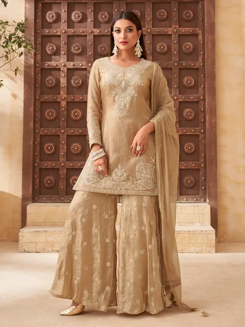 Beige tissue silk mirror work palazzo suit
