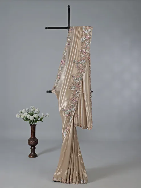 Beige tissue silk party wear embellished saree