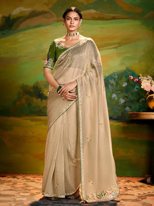 Beige tissue silk saree for party