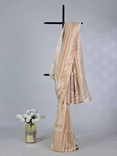 Beige tissue silk saree with birds and flowers