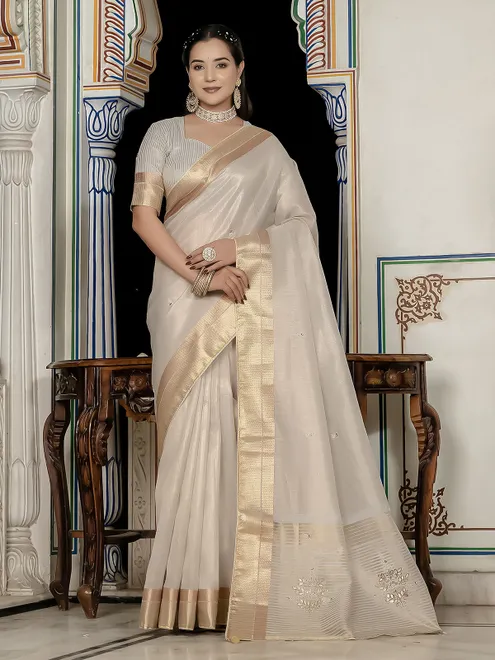 Beige tissue silk saree with gota and zari work
