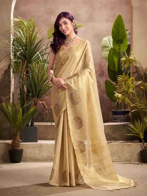 Beige tissue silk saree with zari weaving