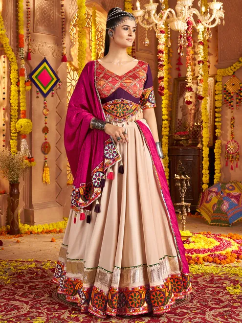 Beige viscose rayon navratri lehenga choli set