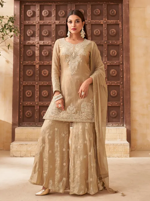 Beige wedding wear organza palazzo suit
