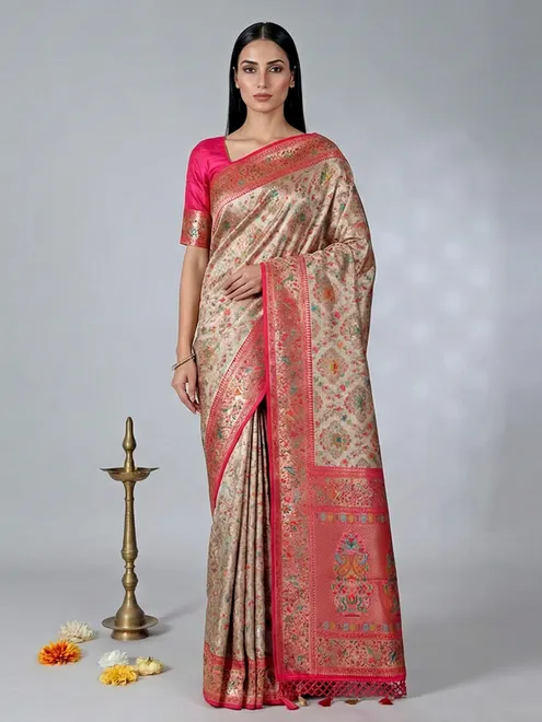 Beige wedding wear semi pashmina silk saree