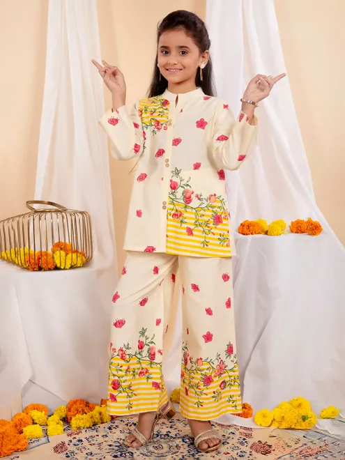 Beige yellow floral palazzo set for girls casual wear