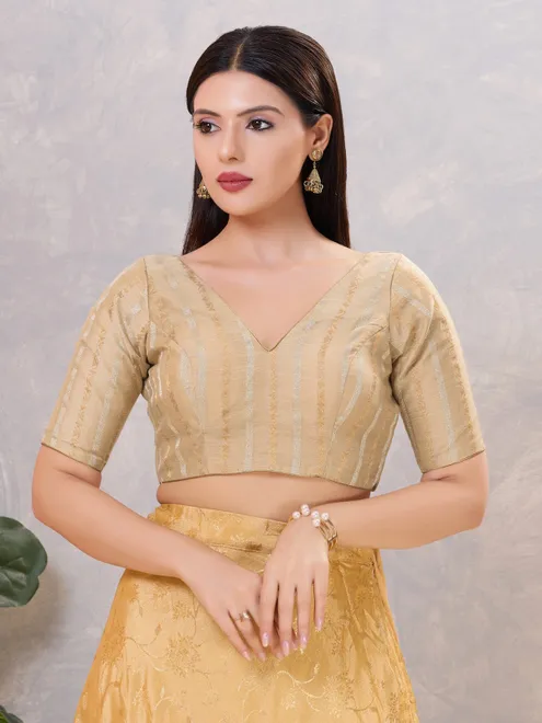 Beige zari cotton blend V neck blouse