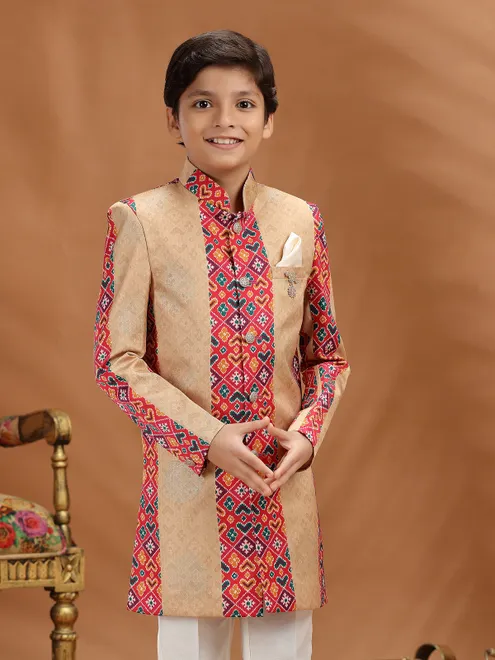 Beige zari printed silk indo western outfit