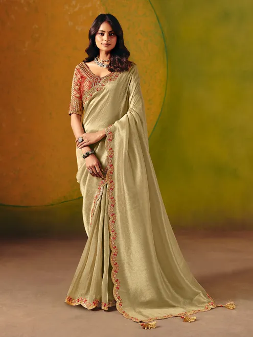Beige zari silk saree for festive occasions