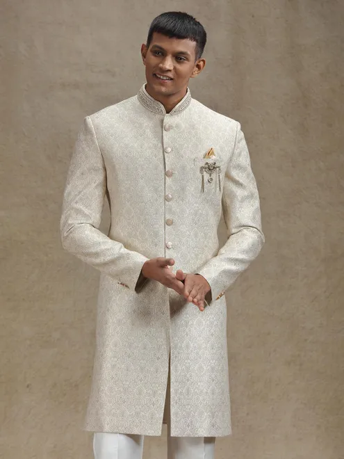 Beige zari weaved jacquard indo western