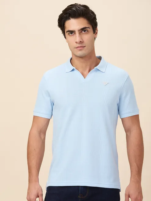 BEING HUMAN sky blue textured cotton polo t-shirt