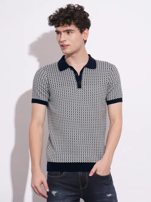BEING HUMAN textured navy cotton polo t-shirt