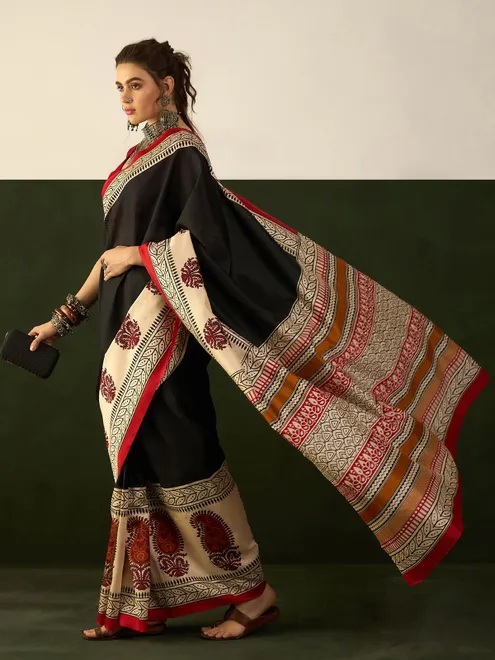 Bhagalpuri silk beige and black saree with print
