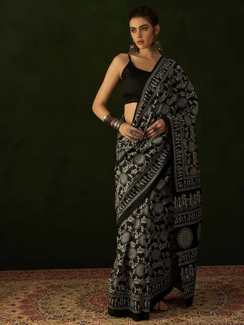 Bhagalpuri silk black saree with print