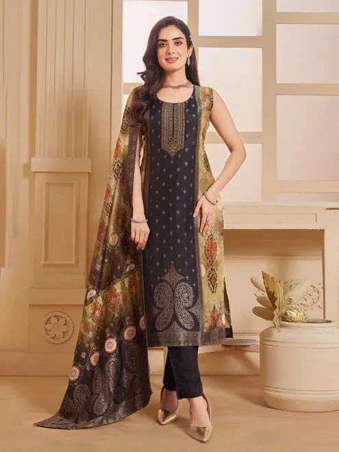 Black amd beige printed salwar suit in silk