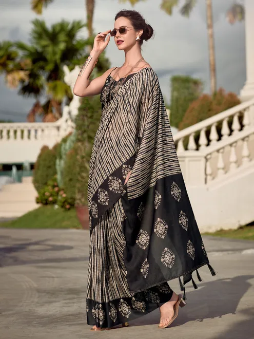 Black and beige malmal silk saree