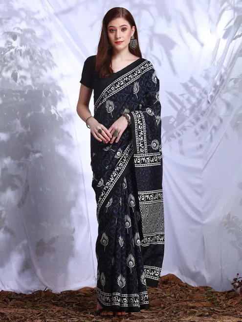 Black and blue printed bhagalpuri silk saree