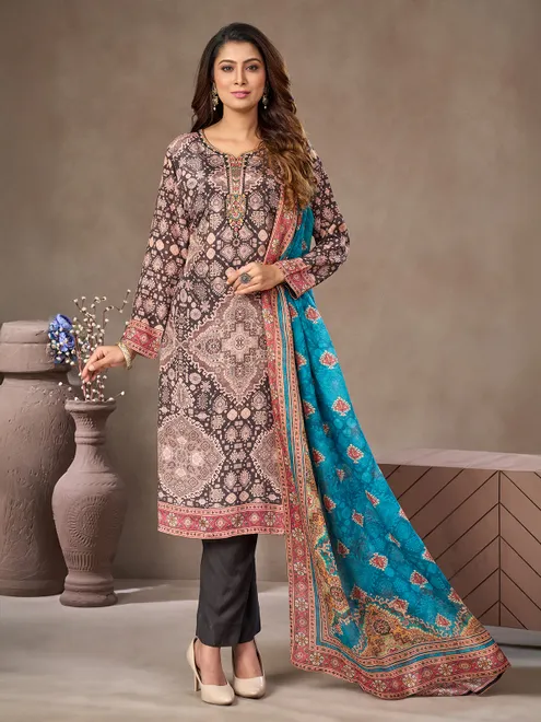 Black and brown silk suit with mirror and thread work
