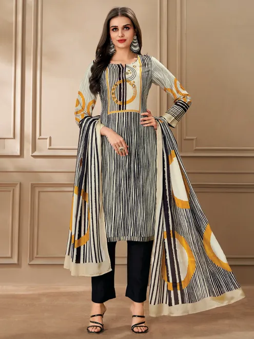 Black and cream printed dola silk salwar suit