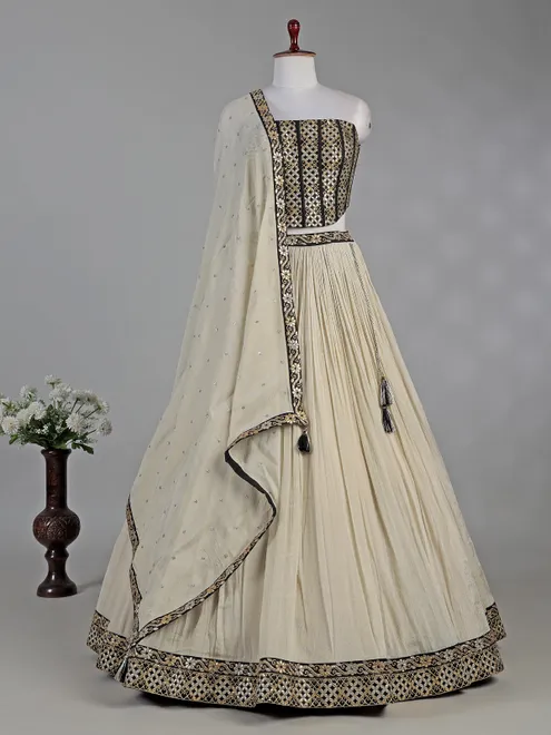 Black and cream silk lehenga choli with resham work