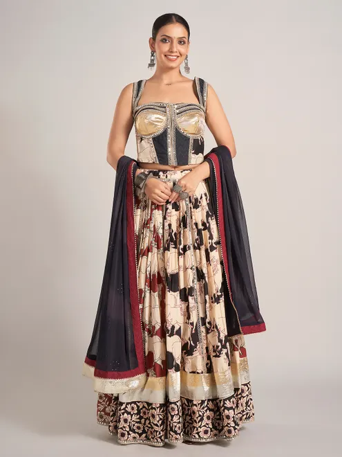 Black and cream zardosi work silk navratri chaniya choli