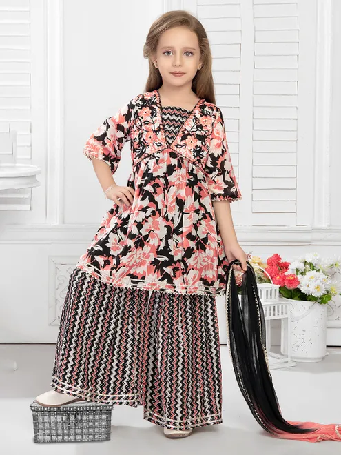 BLack and peach printed cotton palazzo set