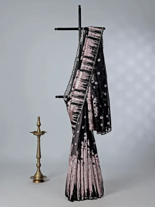 Black and pink designer crepe silk saree with embellishments