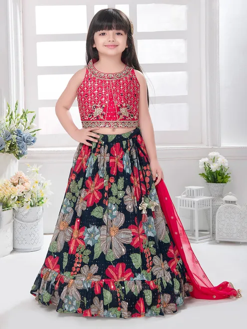 Black and red printed georgette lehenga choli