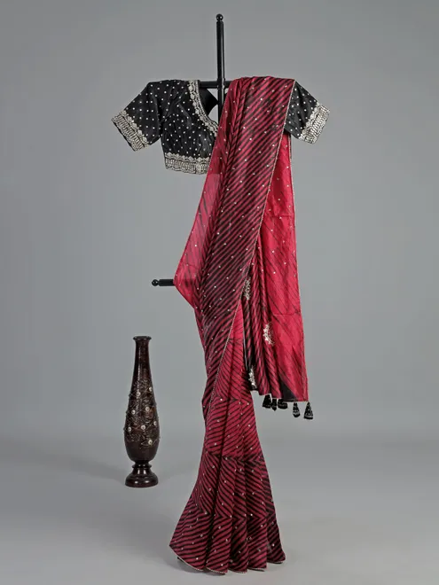 Black and red saree with readymade blouse