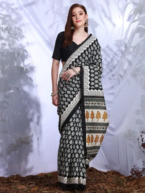 Black and white printed bhagalpuri silk saree for women